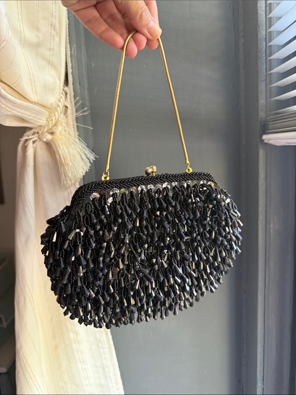 Black Beaded Evening Clutch Bag with Gold Handle